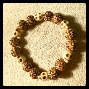 Handmade Bracelet Carved Bone Skulls Floral